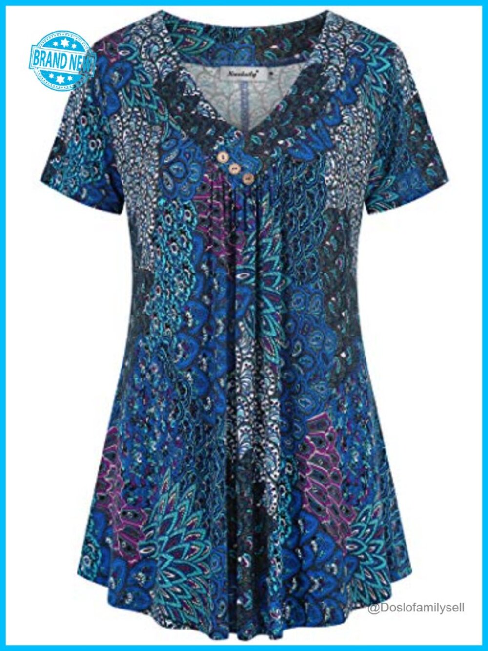 Womens Tunic Top Short Sleeve V Neck Floral Blouse Loose Fit
